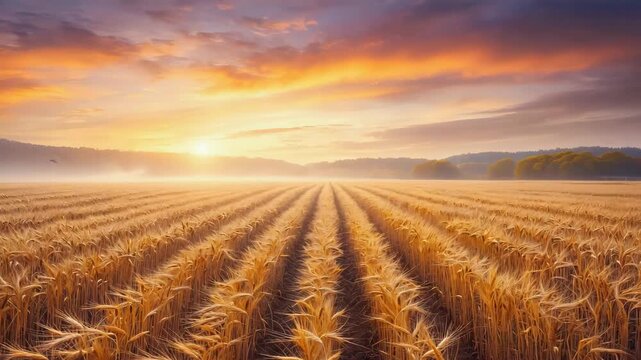 An expansive wheat field under a warm sunset sky, golden wheat stalks stretching to the horizon, glowing orange and purple clouds, distant hills barely visible, tranquil and nostalgic atmospherE