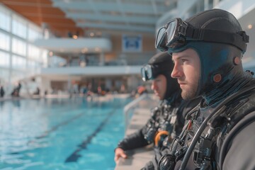 Divers poised on silent starting blocks in a quiet, clean aquatic space