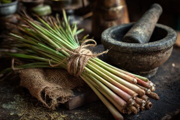 Fresh lemongrass bunch on rustic wooden surface