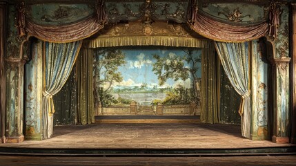 A grand, ornate stage with intricate designs and a blue curtain, set against a backdrop of a scenic landscape.