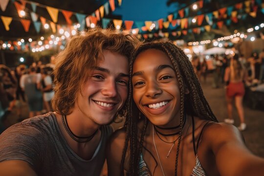 Two cheerful friends snap selfie at colorful summer festival celebration scene