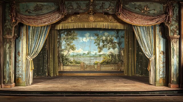 A grand, ornate stage with intricate designs and a blue curtain, set against a backdrop of a scenic landscape.