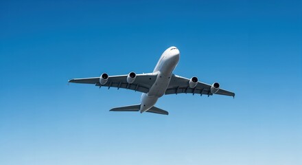 Large passenger airplane flying in the clear blue sky. Commercial jet airliner on a flight. Aviation and international travel concept.