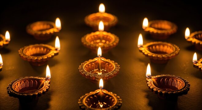 Beautifully arranged lit clay diyas or oil lamps glowing in the dark. Traditional decoration for the Hindu festival of lights, Diwali.