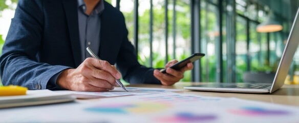 The professional man reviewing documents while using a smartphone in a modern office.