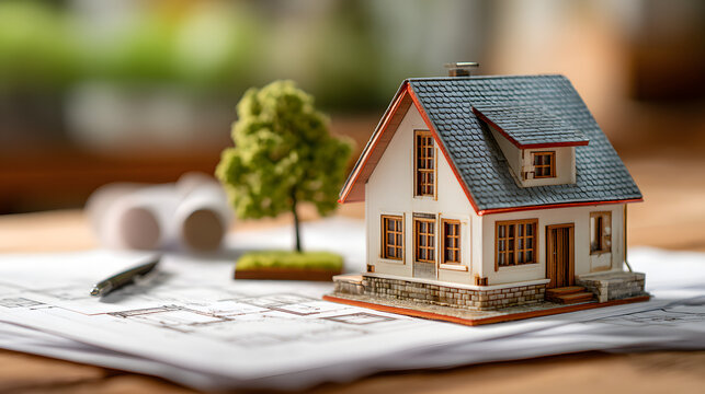 Mod&egrave;le r&eacute;duit de maison en construction avec plans et accessoires sur une table de travail