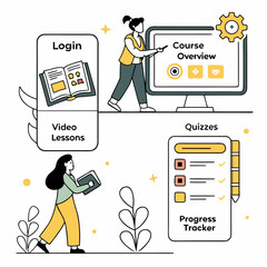 Online learning platform features including login video lessons course overview quizzes and progress tracking illustrated with people and icons