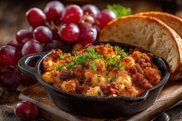 Fototapeta premium Rustic Spanish fried bread with garlic and chorizo served in cast iron
