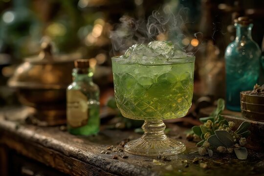 Chartreuse elixir cocktail glows in crystal glass beside vintage apothecary tools