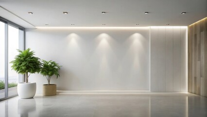 Fototapeta premium Modern minimalist interior design with empty wall, potted plants, and recessed lighting, perfect for showcasing artwork or products