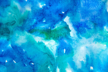 Real Hand Drawn Watercolor Blue Wet Spots Background