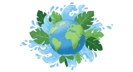 globe surrounded by green leaves and splashing water, symbolizing global liquid conservation and environmental health. national water quality month. ecological awareness, environmental campaign