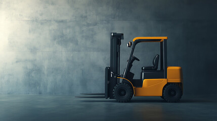 A yellow and black industrial forklift stands in a warehouse. The machinery has a dark backdrop with a shiny floor.