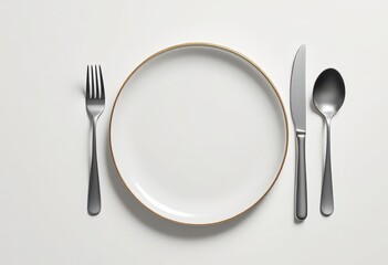 Empty plate and cutlery set on a white surface.