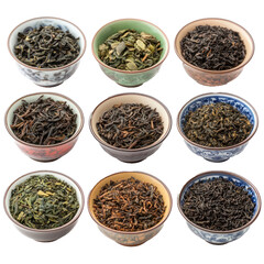 Fototapeta premium A collection of loose-leaf tea, displayed neatly in a traditional Chinese tea set, isolated on white. isolated on transparency background