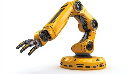 A yellow robotic arm with a black wrist and hand, positioned against a white background.