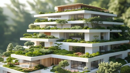 Fototapeta premium Modern tiered residential building with abundant greenery and lush terraces