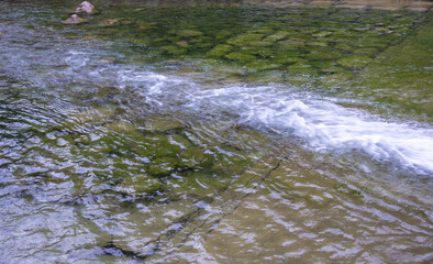 A body of water with a greenish tint and a few rocks in it