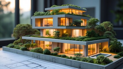 Obraz premium Modern architectural model of a luxury home with green roof and landscape