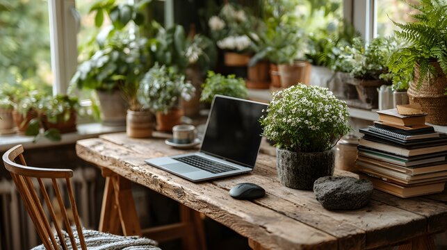 Wooden workspace with potted plants, laptop, and books.