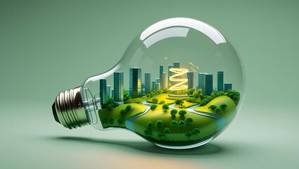 Eco friendly city inside a lightbulb symbolizing green energy and sustainability