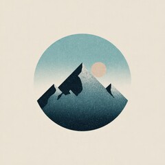 Circular Illustration of Snowcapped Mountains at Sunset