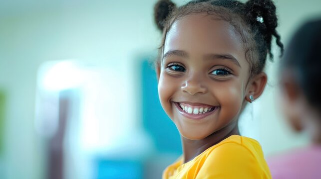 A young girl with braided hair smiling and wearing a yellow shirt, standing in a classroom with other children. - Powered by Adobe
