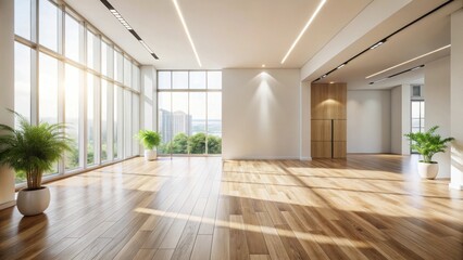 Fototapeta premium Sunlit Modern Empty Room with Hardwood Floors and Large Windows