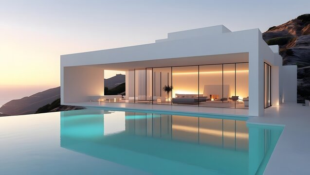 Modern luxury villa with infinity pool overlooking the ocean at sunset