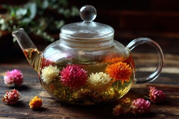 Glass tea pot with colorful flower tea