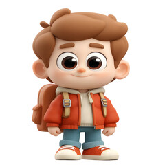 Fototapeta premium A cheerful cartoon boy with a backpack, wearing an orange jacket and blue jeans, standing happily against a transparent background
