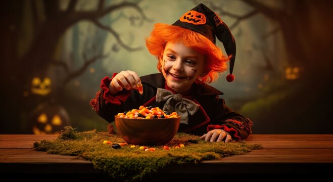 A happy young boy in a Halloween costume eats candy corn. Cheerful child in a spooky scarecrow outfit with a bowl of sweets in a dark forest.