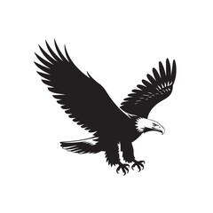 Majestic bald eagle in silhouette with outstretched wings soaring against a clean white background symbolizing freedom and power