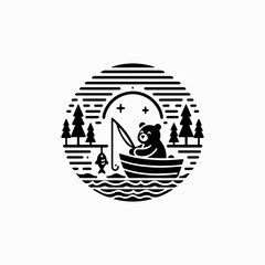 Obraz premium Bear Fishing at Night in a Boat Line Art Style.