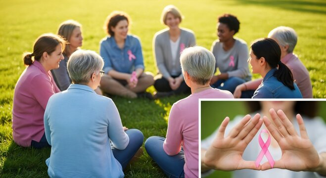 Breast cancer awareness concept with a group of women in a support circle. Diverse females showing solidarity and hope. - Powered by Adobe