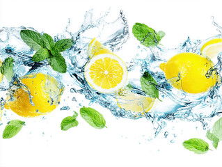 Fresh lemons and mint leaves splashing in water