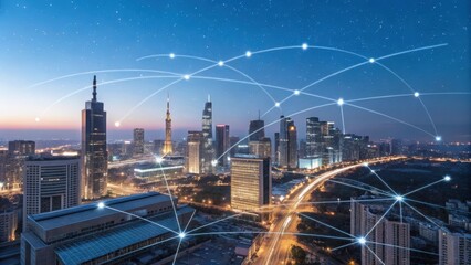 Futuristic cityscape with digital network overlay at night