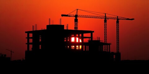 Black silhouette of building under orange sunset, construction figures visible,  shadow,  urban