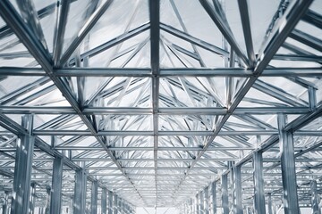Modern steel truss structure design, Industrial roof frame construction system, Architectural metal beam framework detail, Symmetrical interior steel support structure
