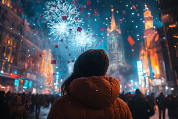 Dreamy Winter Night with a Person Admiring Sparkling Fireworks in Festive Holiday Atmosphere, Generative AI