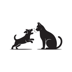 Playful silhouette of a small dog jumping towards a larger seated cat in a friendly interaction against a white background