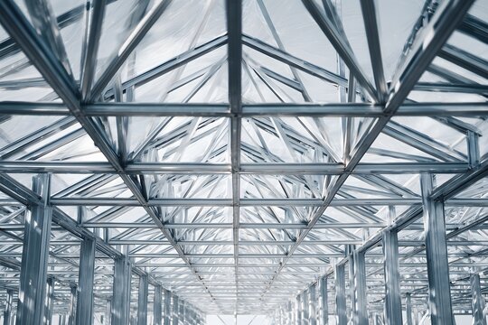 Modern steel truss structure design, Industrial roof frame construction system, Architectural metal beam framework detail, Symmetrical interior steel support structure