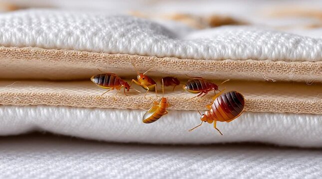 Closeup of bed bugs crawling on mattress seam in macro detail