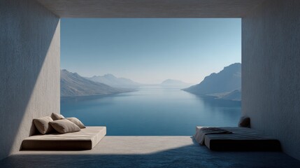 Minimalist room with lake and mountain view