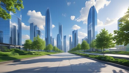 Obraz premium Futuristic cityscape with tall modern buildings and lush greenery under a blue sky
