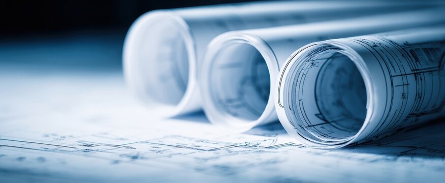 The rolled blueprints signify innovative architectural design and planning process.