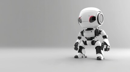 Fototapeta premium A white and black robot with red eyes and black arms and legs, standing on a white background with a gray floor.
