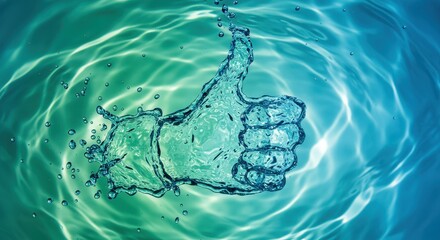transparent water thumbs up hand rising from rippling water surface with blue and green gradient. national water quality month theme. environmental awareness, digital design, educational poster