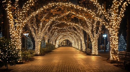 Fototapeta premium A serene, illuminated walkway adorned with twinkling lights, leading towards a distant, illuminated tree, creating a magical, festive atmosphere during the holiday season.