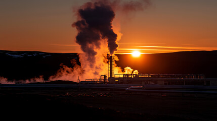 Energy plant silhouette against a vibrant sunrise. Steam rises, blending with the fiery sky, creating a striking contrast of industry and nature.
